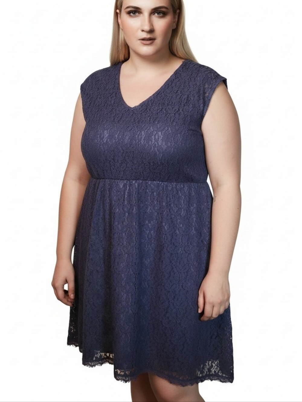 Lace Cap-Sleeve Dress in Dusty Blue With A Purple Hue